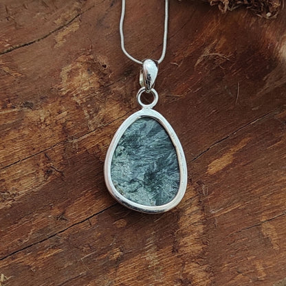 Seraphinite Gemstone Silver Pendant, 92.5 Sterling Silver Silver Pendant, Handmade Seraphinite Cabochon Necklace, 30x20x6mm