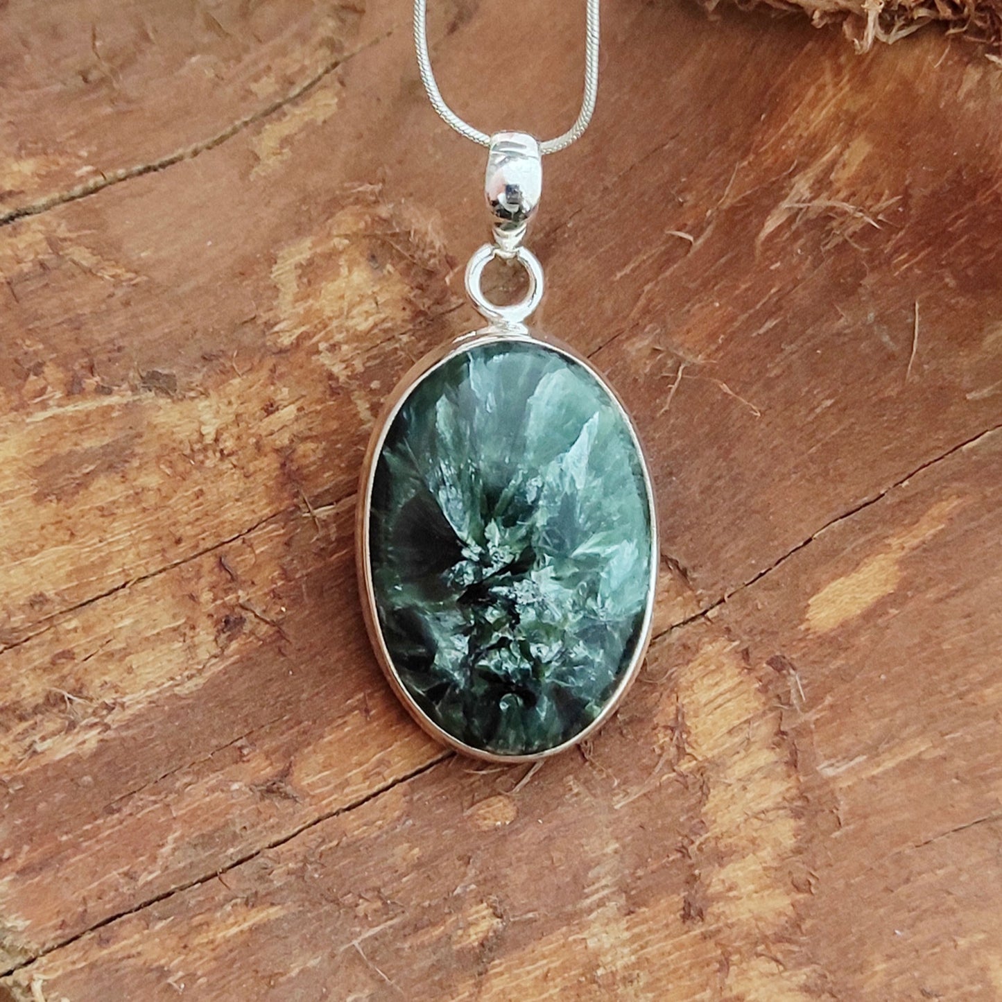 Seraphinite Gemstone Silver Pendant, 92.5 Sterling Silver Silver Pendant, Handmade Seraphinite Cabochon Necklace, 30x16x5mm