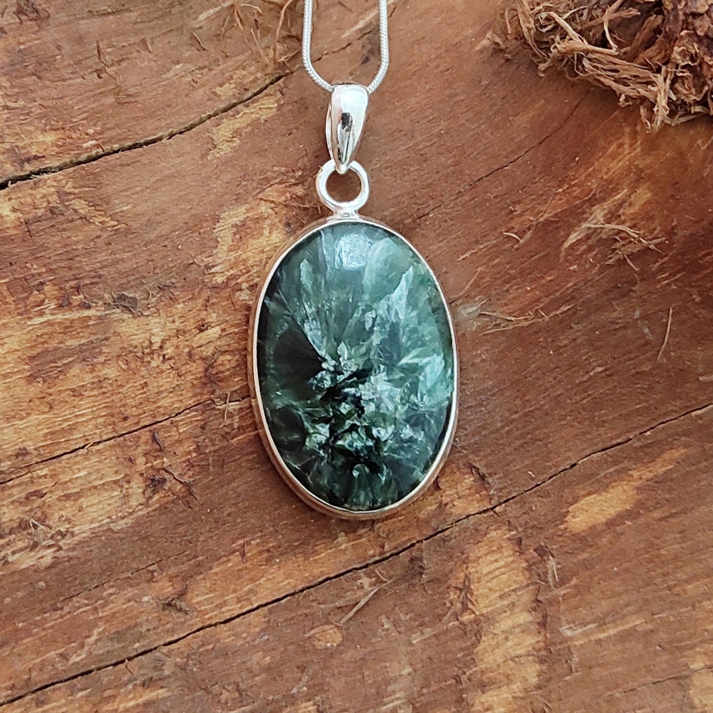 Seraphinite Gemstone Silver Pendant, 92.5 Sterling Silver Silver Pendant, Handmade Seraphinite Cabochon Necklace, 30x16x5mm