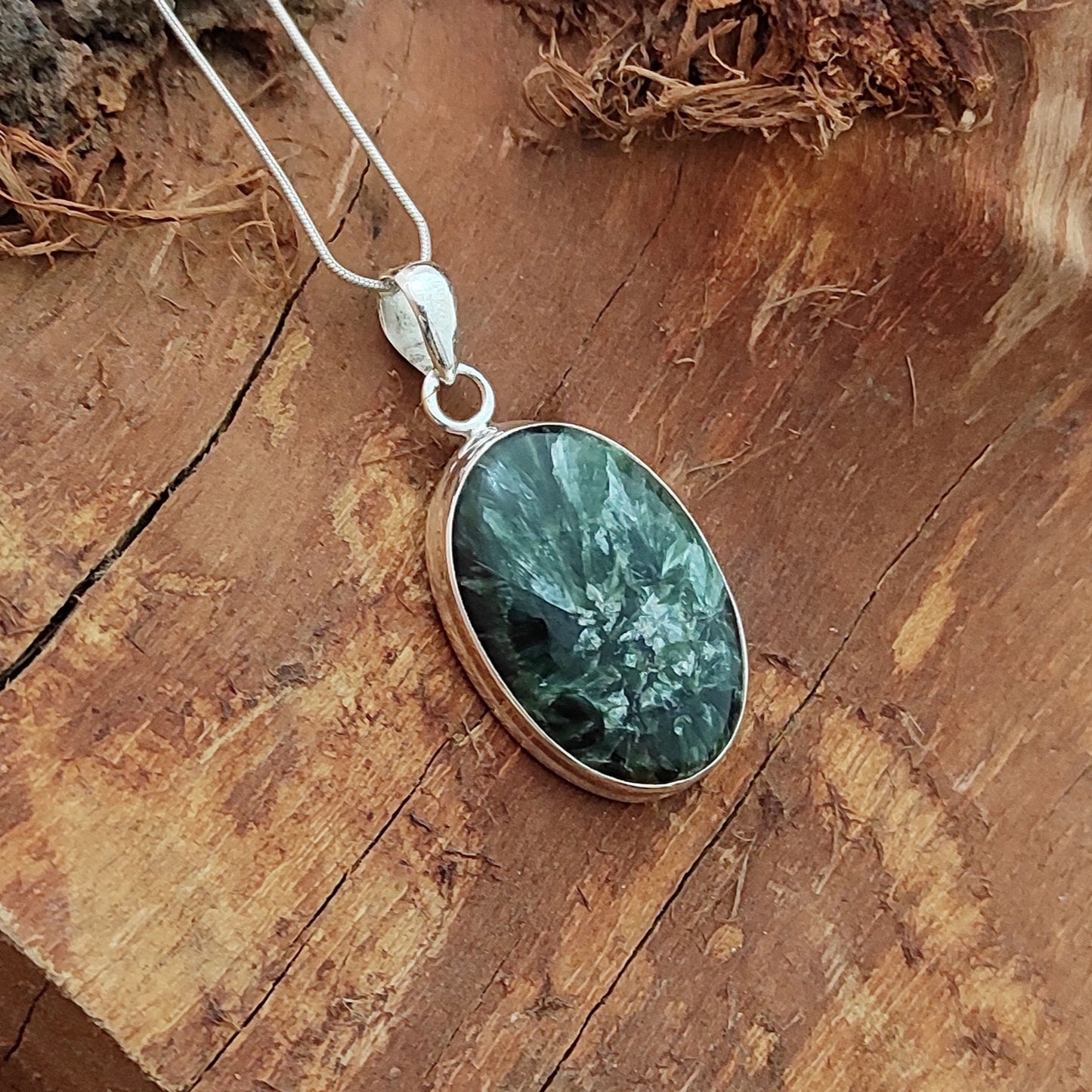 Seraphinite Gemstone Silver Pendant, 92.5 Sterling Silver Silver Pendant, Handmade Seraphinite Cabochon Necklace, 30x16x5mm