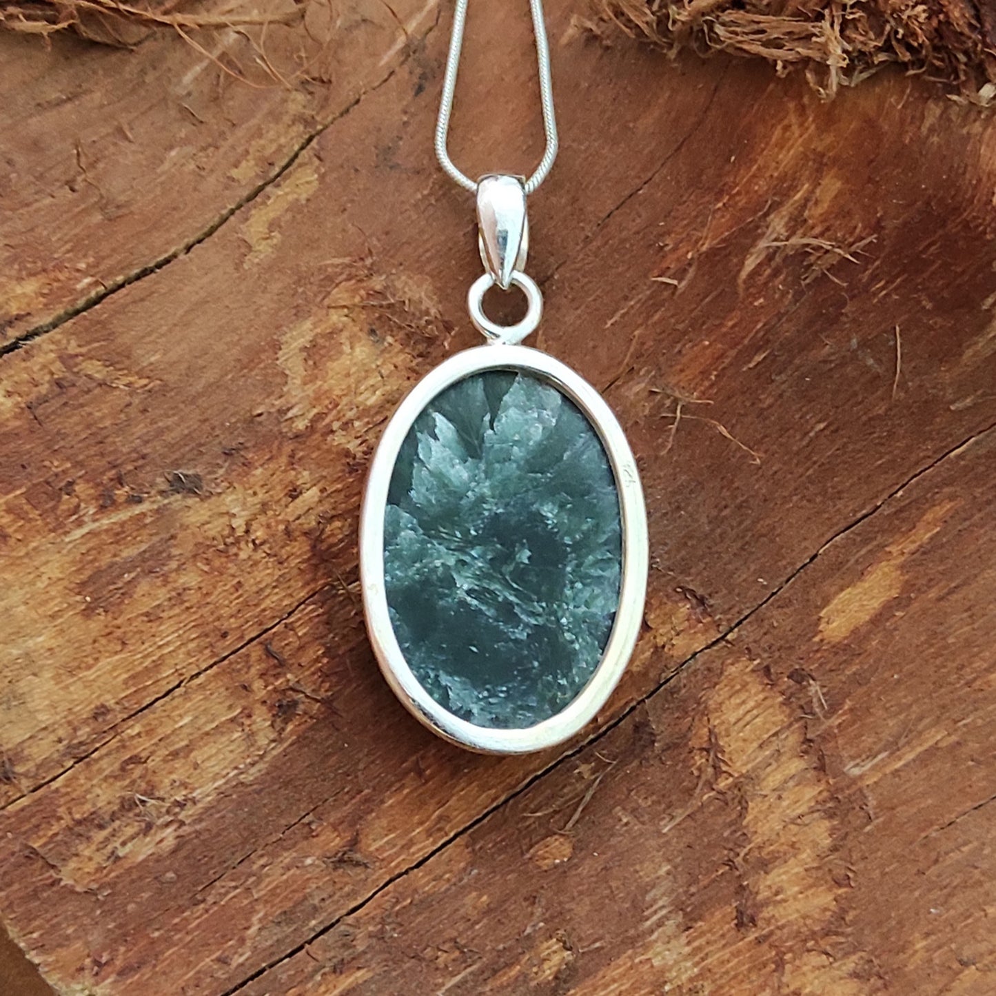 Seraphinite Gemstone Silver Pendant, 92.5 Sterling Silver Silver Pendant, Handmade Seraphinite Cabochon Necklace, 30x16x5mm