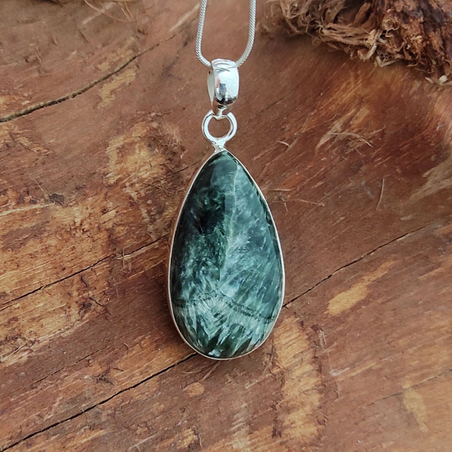 Seraphinite Gemstone Silver Pendant, 92.5 Sterling Silver Silver Pendant, Handmade Seraphinite Cabochon Necklace, 37x18x7mm