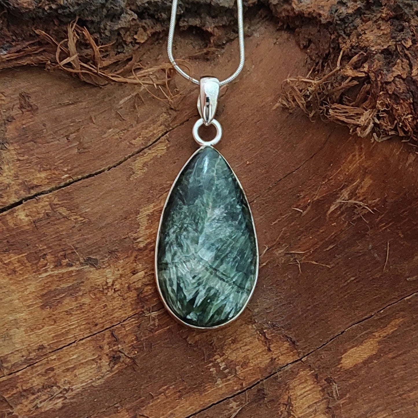 Seraphinite Gemstone Silver Pendant, 92.5 Sterling Silver Silver Pendant, Handmade Seraphinite Cabochon Necklace, 37x18x7mm