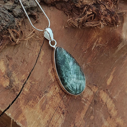 Seraphinite Gemstone Silver Pendant, 92.5 Sterling Silver Silver Pendant, Handmade Seraphinite Cabochon Necklace, 37x18x7mm