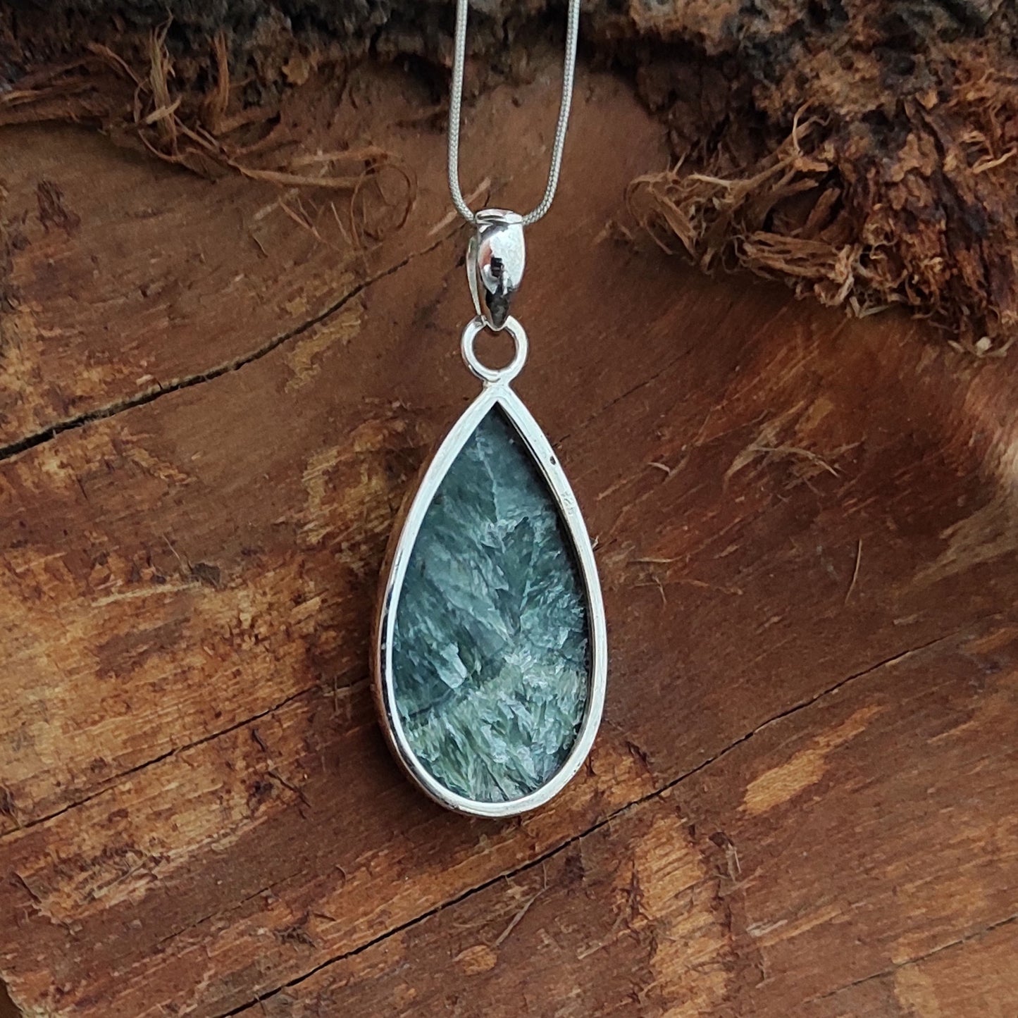 Seraphinite Gemstone Silver Pendant, 92.5 Sterling Silver Silver Pendant, Handmade Seraphinite Cabochon Necklace, 37x18x7mm