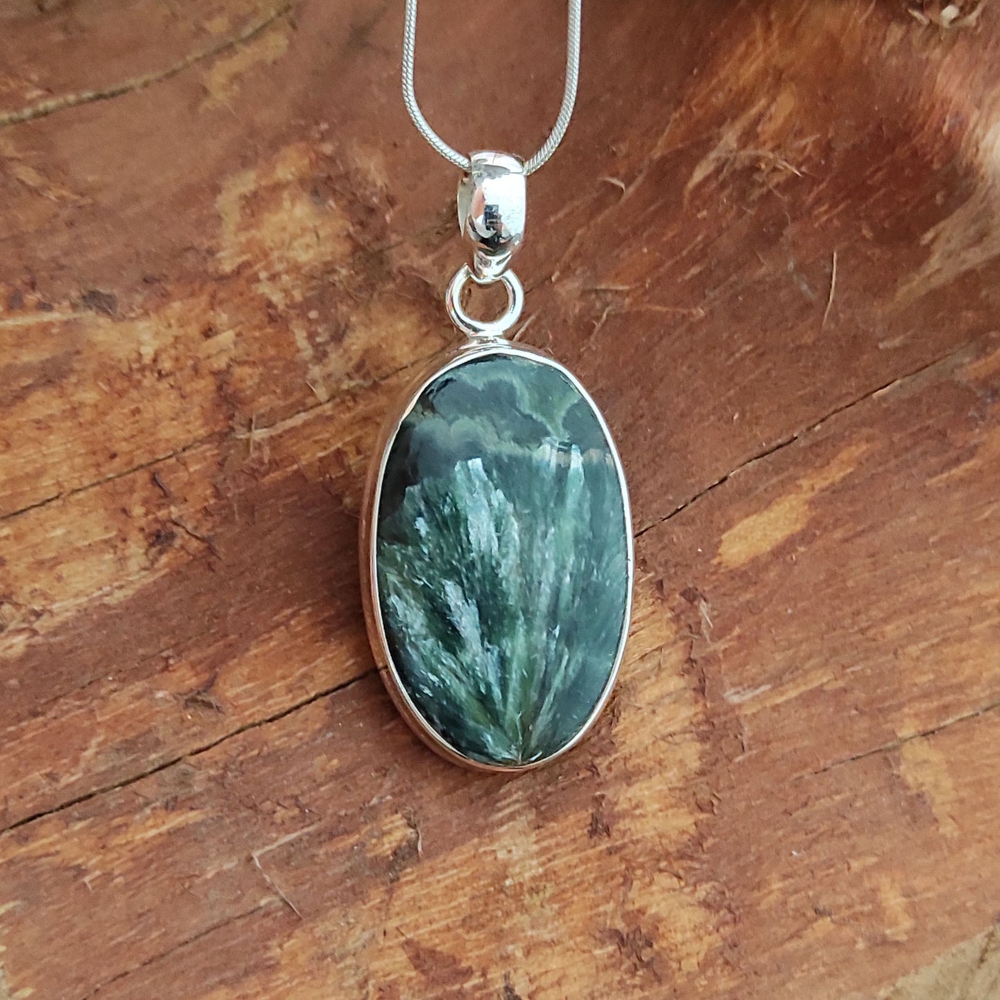 Seraphinite Gemstone Silver Pendant, 92.5 Sterling Silver Silver Pendant, Handmade Seraphinite Necklace, 34x18x5mm