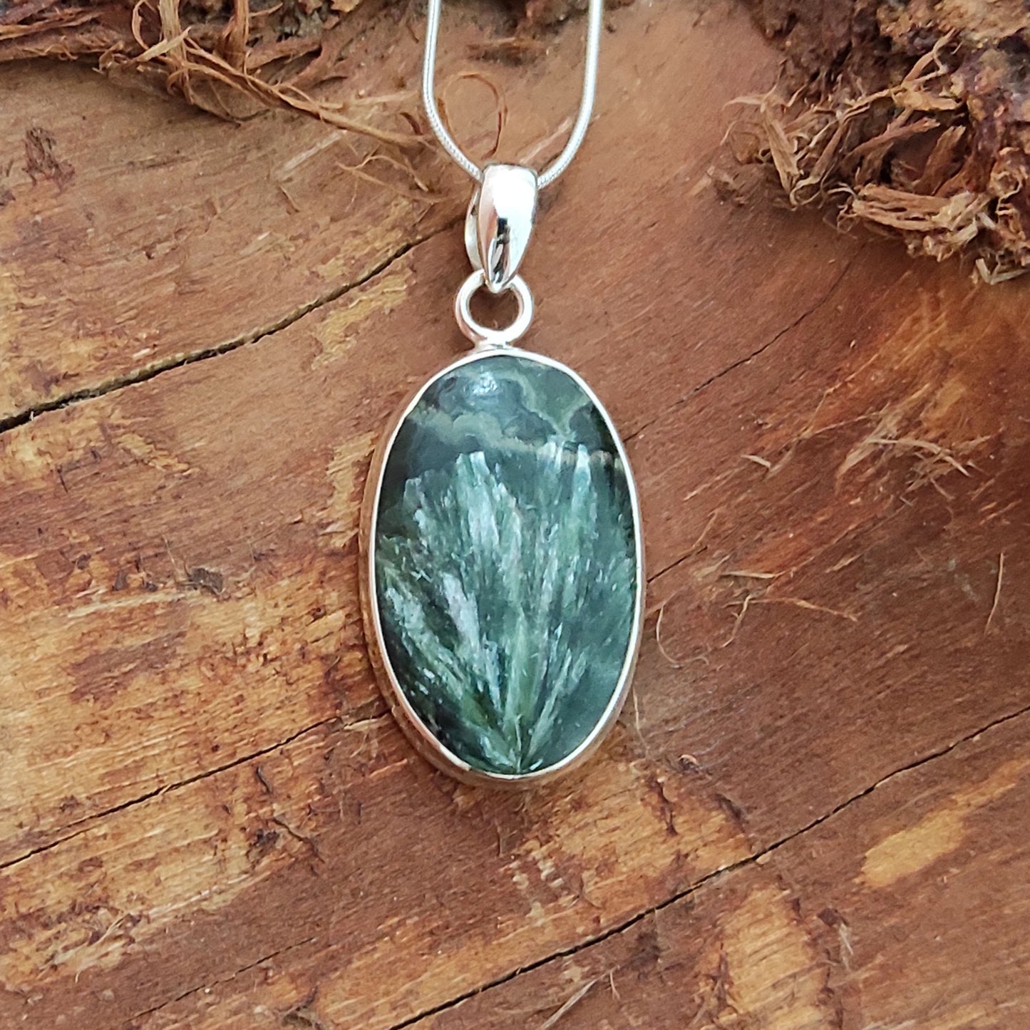 Seraphinite Gemstone Silver Pendant, 92.5 Sterling Silver Silver Pendant, Handmade Seraphinite Necklace, 34x18x5mm