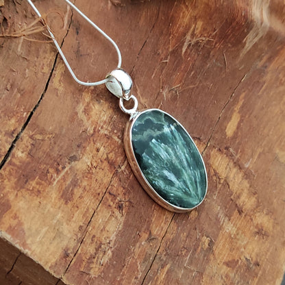 Seraphinite Gemstone Silver Pendant, 92.5 Sterling Silver Silver Pendant, Handmade Seraphinite Necklace, 34x18x5mm