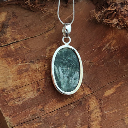 Seraphinite Gemstone Silver Pendant, 92.5 Sterling Silver Silver Pendant, Handmade Seraphinite Necklace, 34x18x5mm