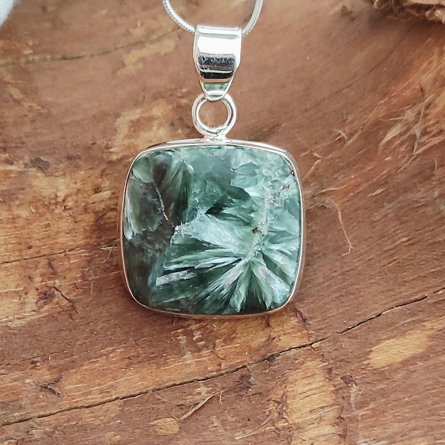 Seraphinite Gemstone Silver Pendant, 92.5 Sterling Silver Silver Pendant, Handmade Seraphinite Cabochon Necklace, 26x22x6mm