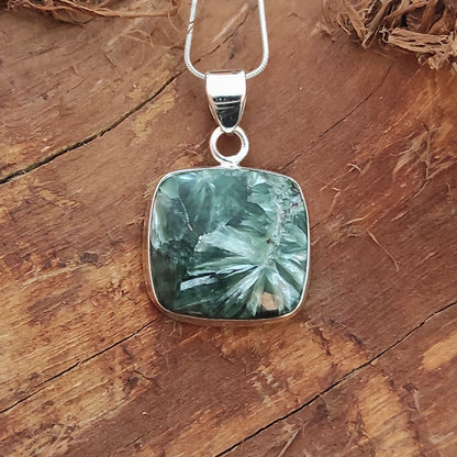 Seraphinite Gemstone Silver Pendant, 92.5 Sterling Silver Silver Pendant, Handmade Seraphinite Cabochon Necklace, 26x22x6mm