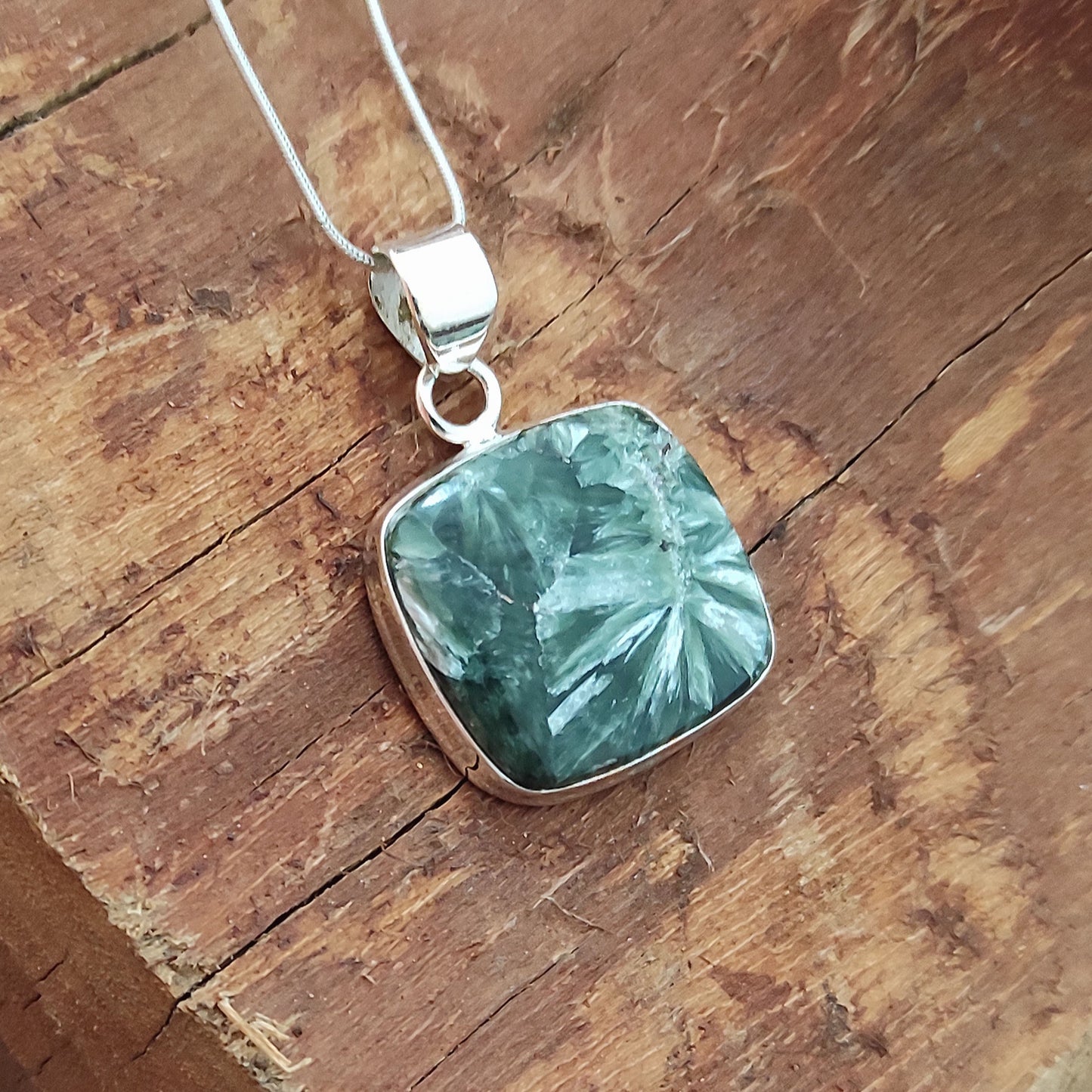 Seraphinite Gemstone Silver Pendant, 92.5 Sterling Silver Silver Pendant, Handmade Seraphinite Cabochon Necklace, 26x22x6mm