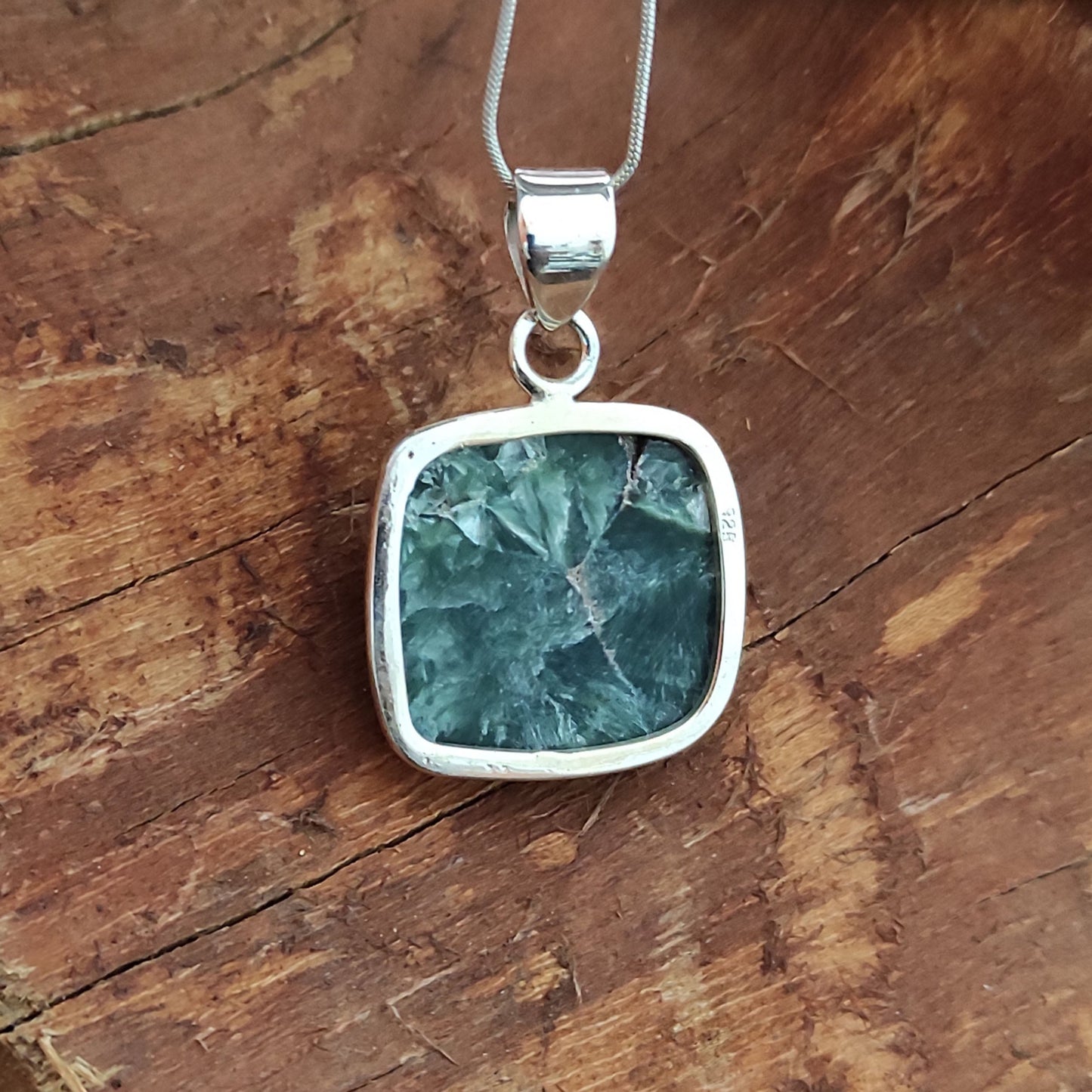 Seraphinite Gemstone Silver Pendant, 92.5 Sterling Silver Silver Pendant, Handmade Seraphinite Cabochon Necklace, 26x22x6mm