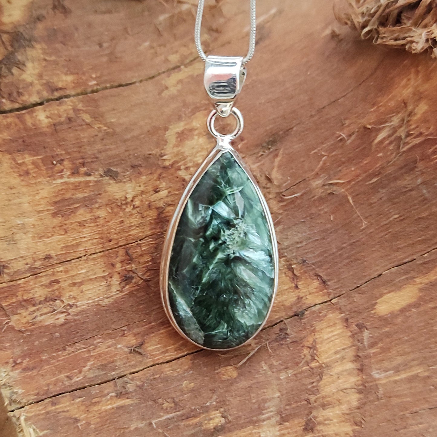 Seraphinite Gemstone Silver Pendant, 92.5 Sterling Silver Silver Pendant, Handmade Seraphinite Cabochon Necklace, 36x17x6mm