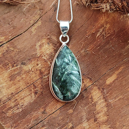 Seraphinite Gemstone Silver Pendant, 92.5 Sterling Silver Silver Pendant, Handmade Seraphinite Cabochon Necklace, 36x17x6mm