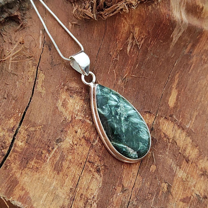 Seraphinite Gemstone Silver Pendant, 92.5 Sterling Silver Silver Pendant, Handmade Seraphinite Cabochon Necklace, 36x17x6mm