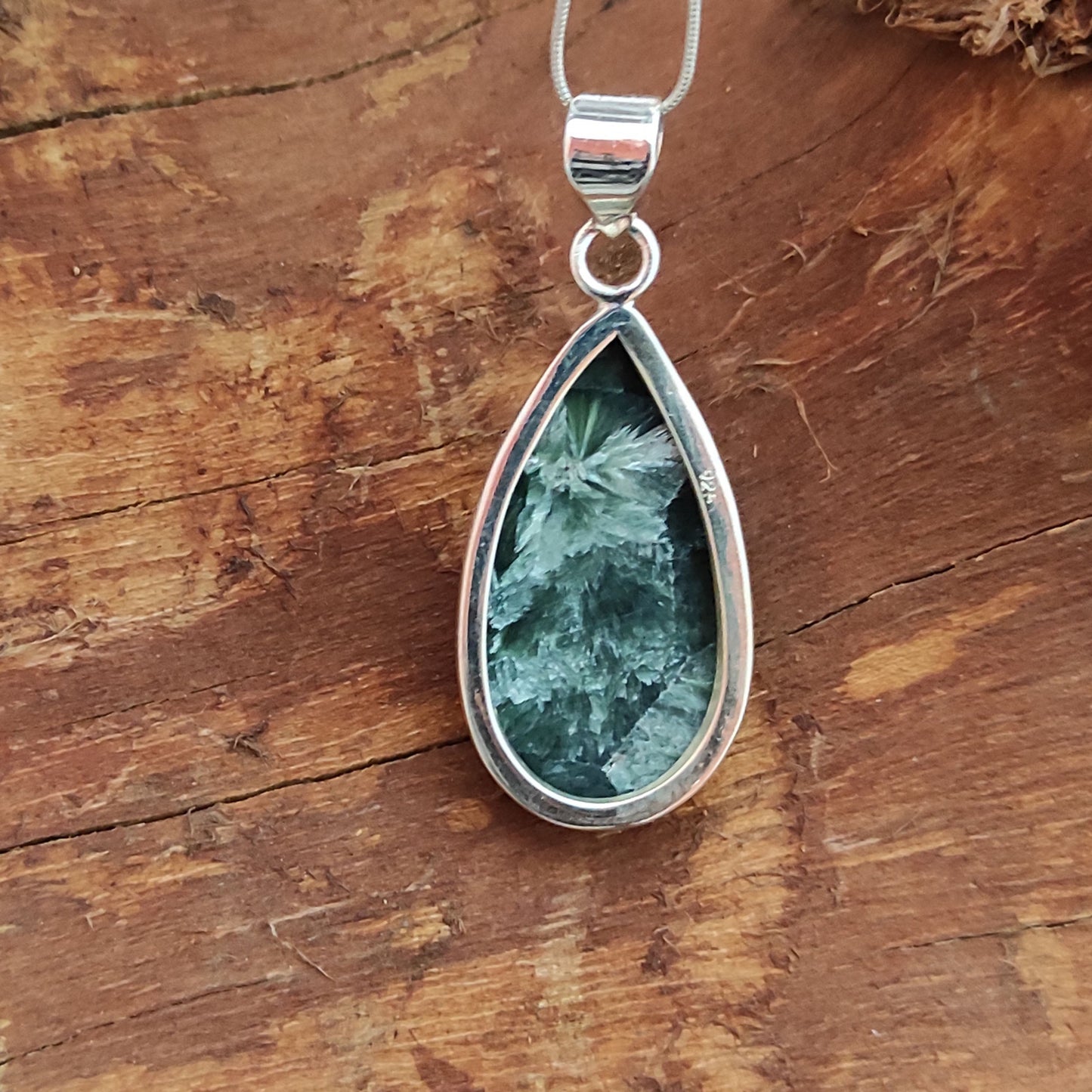 Seraphinite Gemstone Silver Pendant, 92.5 Sterling Silver Silver Pendant, Handmade Seraphinite Cabochon Necklace, 36x17x6mm