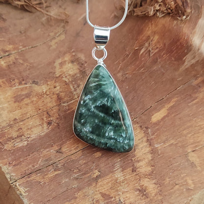 Seraphinite Gemstone Silver Pendant, 92.5 Sterling Silver Silver Pendant, Handmade Seraphinite Cabochon Necklace, 39x21x6mm