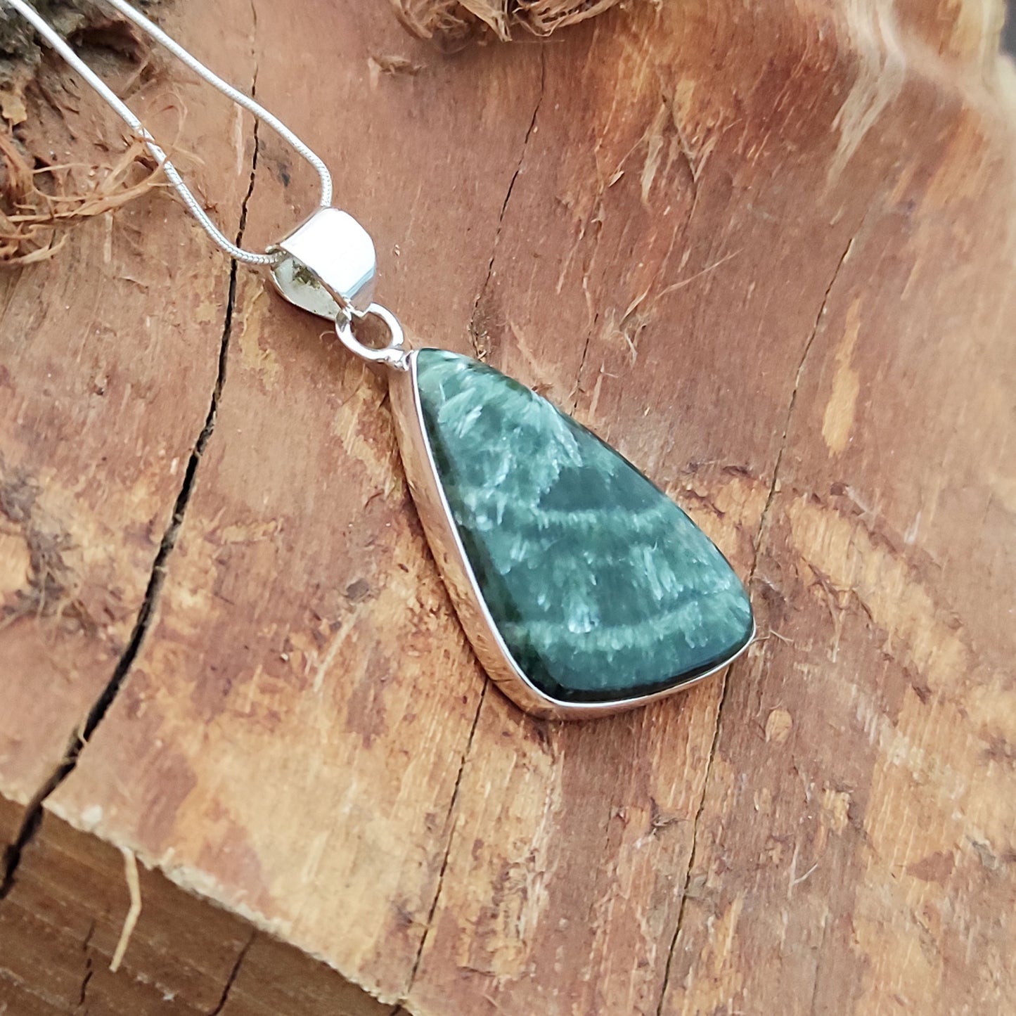 Seraphinite Gemstone Silver Pendant, 92.5 Sterling Silver Silver Pendant, Handmade Seraphinite Cabochon Necklace, 39x21x6mm