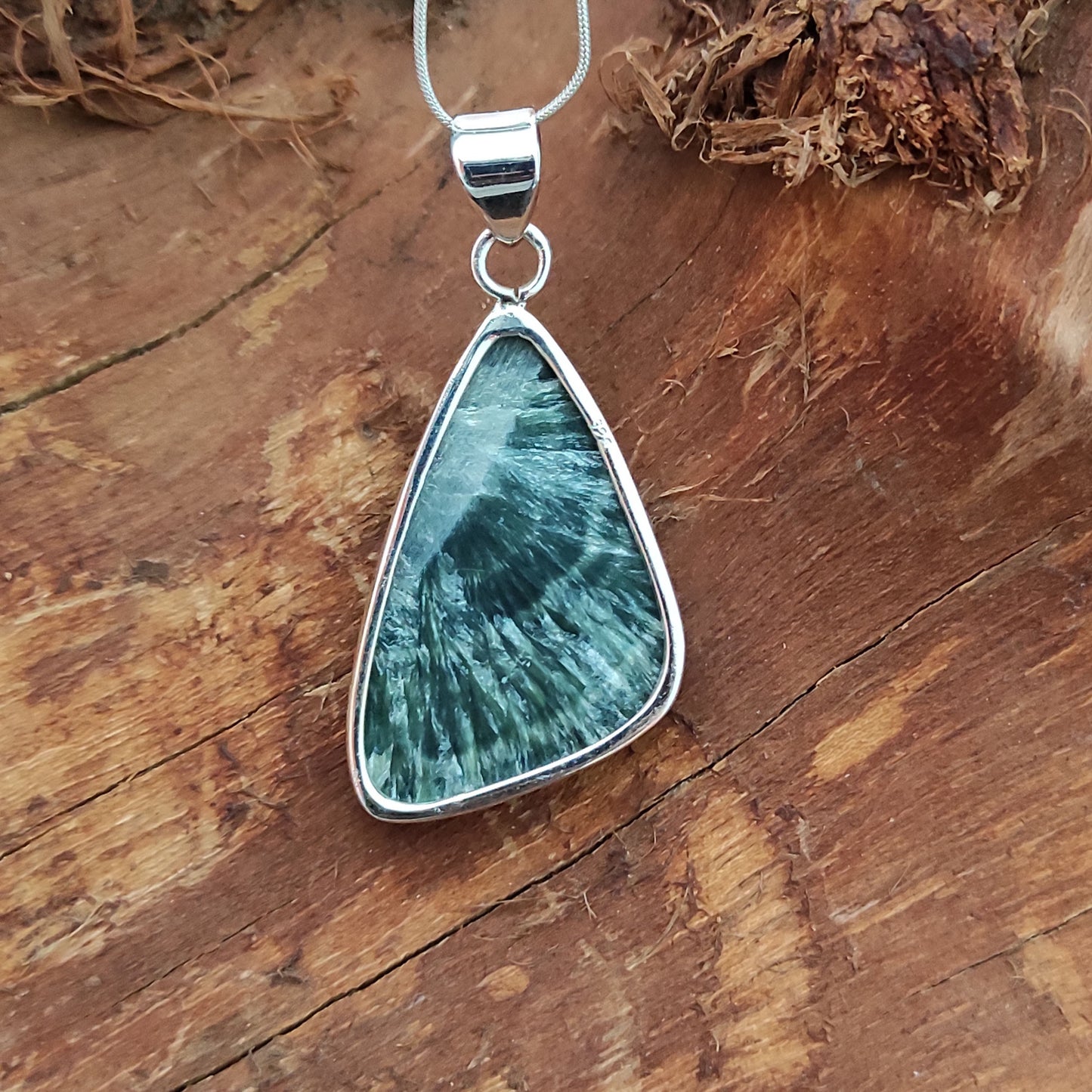 Seraphinite Gemstone Silver Pendant, 92.5 Sterling Silver Silver Pendant, Handmade Seraphinite Cabochon Necklace, 39x21x6mm