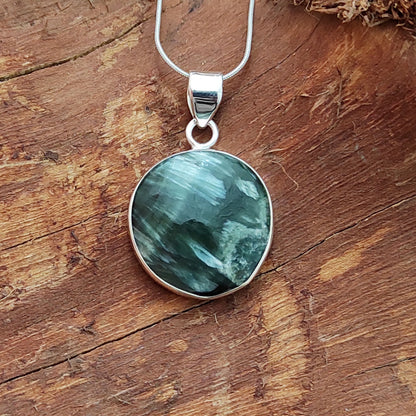 Seraphinite Gemstone Silver Pendant, 92.5 Sterling Silver Silver Pendant, Handmade Seraphinite Cabochon Necklace, 28x22x6mm