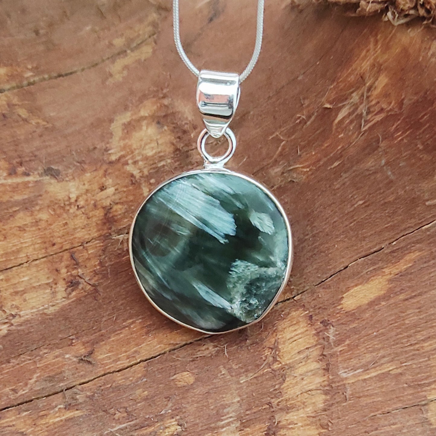 Seraphinite Gemstone Silver Pendant, 92.5 Sterling Silver Silver Pendant, Handmade Seraphinite Cabochon Necklace, 28x22x6mm