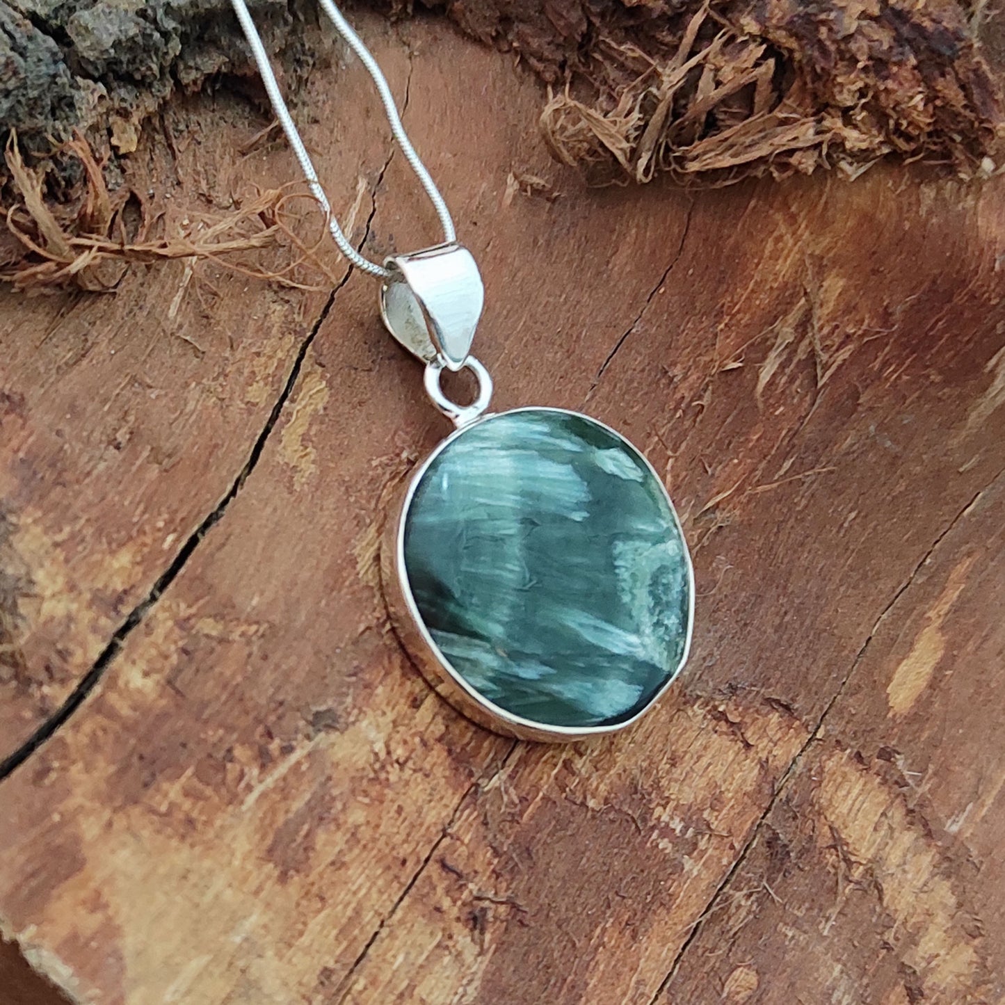 Seraphinite Gemstone Silver Pendant, 92.5 Sterling Silver Silver Pendant, Handmade Seraphinite Cabochon Necklace, 28x22x6mm