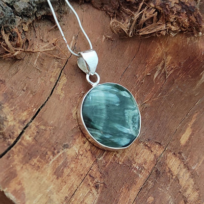 Seraphinite Gemstone Silver Pendant, 92.5 Sterling Silver Silver Pendant, Handmade Seraphinite Cabochon Necklace, 28x22x6mm