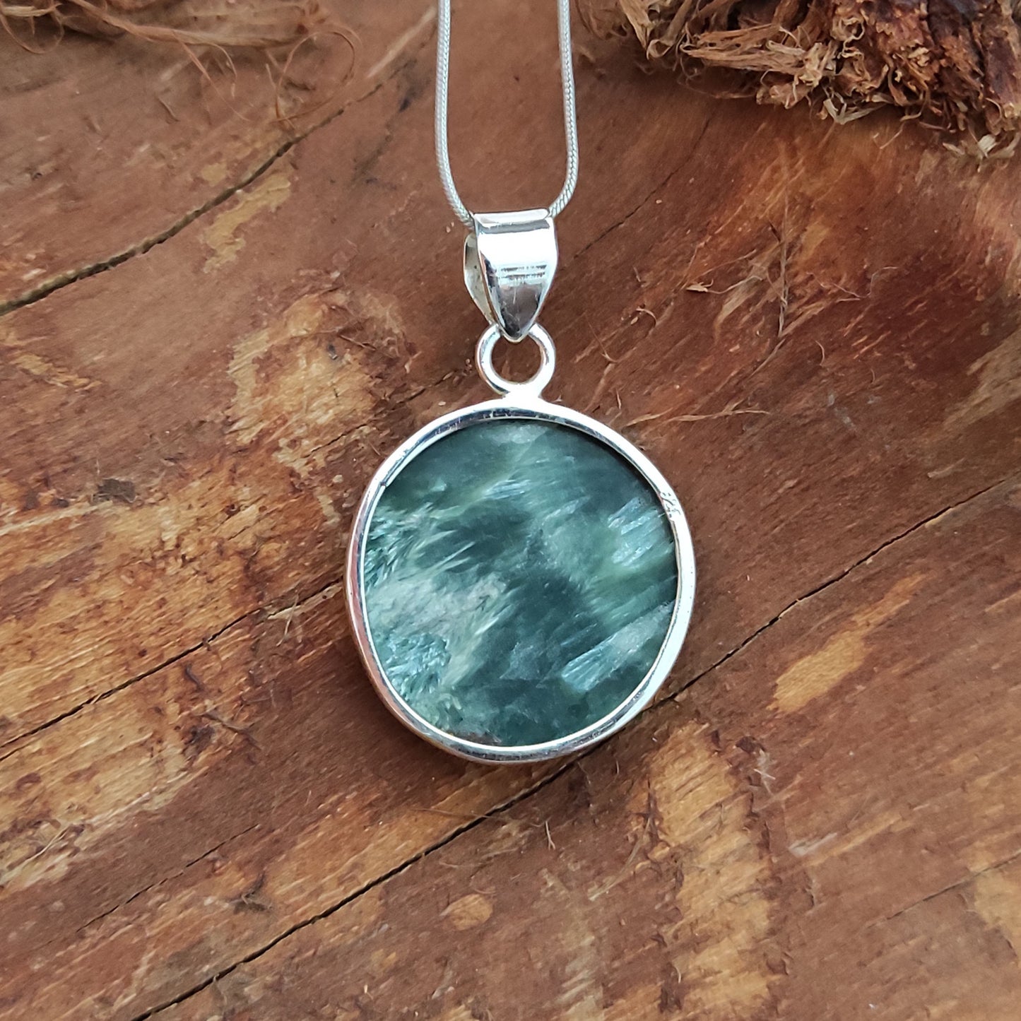 Seraphinite Gemstone Silver Pendant, 92.5 Sterling Silver Silver Pendant, Handmade Seraphinite Cabochon Necklace, 28x22x6mm