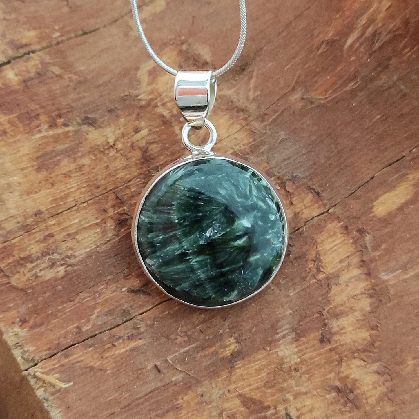 Seraphinite Gemstone Silver Pendant, 92.5 Sterling Silver Silver Pendant, Handmade Seraphinite Cabochon Necklace, 28x23x6mm