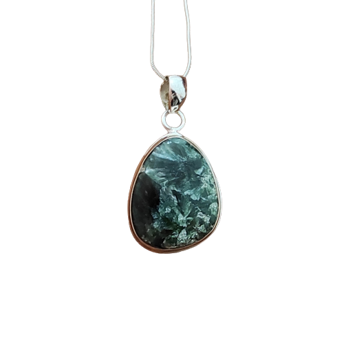 Seraphinite Gemstone Silver Pendant, 92.5 Sterling Silver Silver Pendant, Handmade Seraphinite Cabochon Necklace, 30x20x6mm