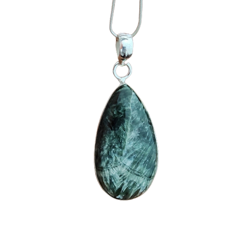 Seraphinite Gemstone Silver Pendant, 92.5 Sterling Silver Silver Pendant, Handmade Seraphinite Cabochon Necklace, 37x18x7mm