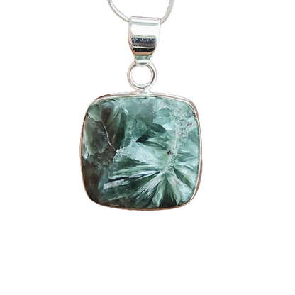 Seraphinite Gemstone Silver Pendant, 92.5 Sterling Silver Silver Pendant, Handmade Seraphinite Cabochon Necklace, 26x22x6mm