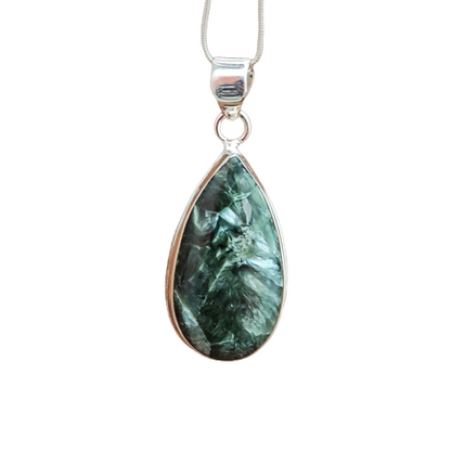 Seraphinite Gemstone Silver Pendant, 92.5 Sterling Silver Silver Pendant, Handmade Seraphinite Cabochon Necklace, 36x17x6mm