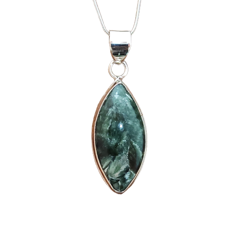 Seraphinite Gemstone Silver Pendant, 92.5 Sterling Silver Silver Pendant, Handmade Seraphinite Cabochon Necklace, 47x19x6mm