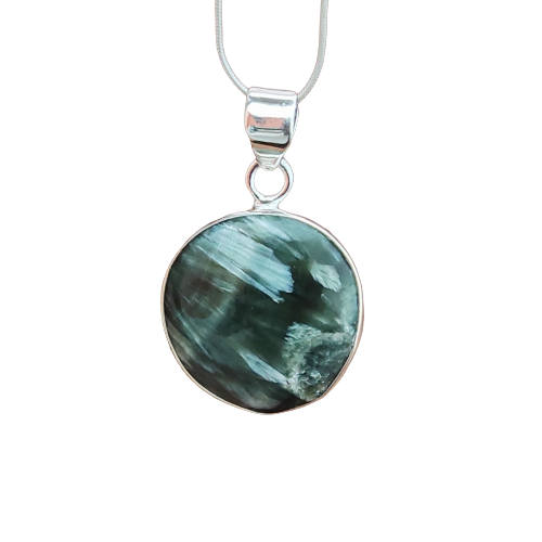 Seraphinite Gemstone Silver Pendant, 92.5 Sterling Silver Silver Pendant, Handmade Seraphinite Cabochon Necklace, 28x22x6mm