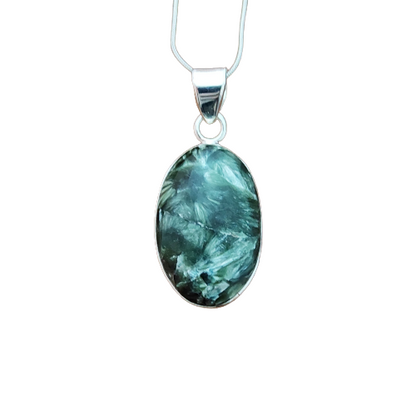 Seraphinite Gemstone Silver Pendant, 92.5 Sterling Silver Silver Pendant, Handmade Seraphinite Cabochon Necklace, 30x16x5mm