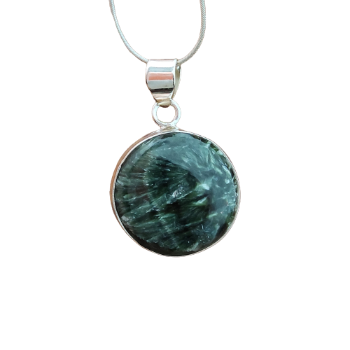 Seraphinite Gemstone Silver Pendant, 92.5 Sterling Silver Silver Pendant, Handmade Seraphinite Cabochon Necklace, 28x23x6mm