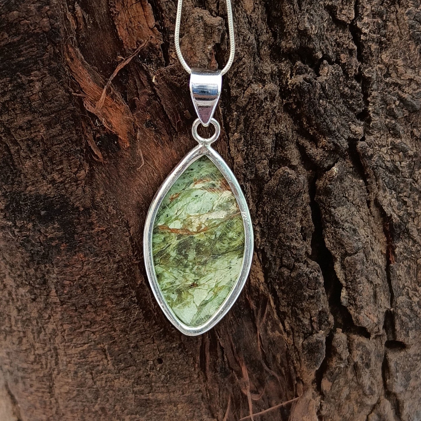 Serpentine Gemstone Silver Pendant, 925 Sterling Silver Jewelry Pendant, Marquise Shape Gemstone Pendant, 42x20x6mm