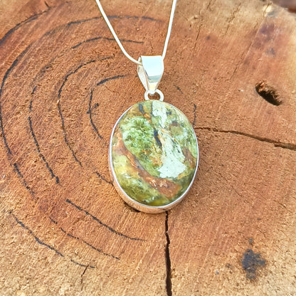 Serpentine Gemstone Silver Pendant, 925 Sterling Silver Jewelry Pendant, Oval Shape Gemstone Pendant, 34x21x7mm