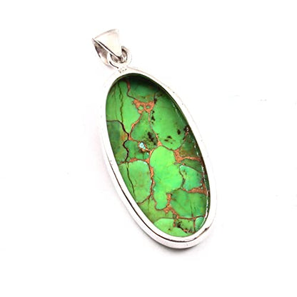 Green Copper Turquoise Gemstone Pendant, 925 Sterling Silver, Turquoise Pendant, Oval Shape Pendant, Fashion Jewelry, 37.5Ct Approx.