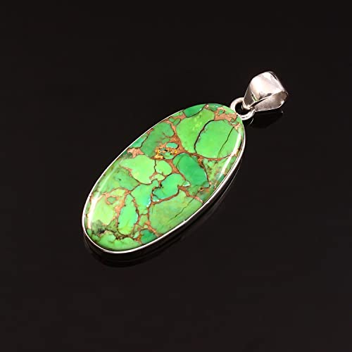 Green Copper Turquoise Gemstone Pendant, 925 Sterling Silver, Turquoise Pendant, Oval Shape Pendant, Fashion Jewelry, 37.5Ct Approx.