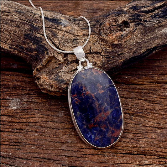 Sodalite Gemstone Silver Jewelry Pendant, 92.5 Sterling Silver Fashion Jewelry Pendant, Oval Shape Handmade Necklace For Party Wear - 51x28x6 mm