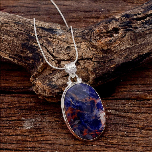 Sodalite Gemstone Silver Jewelry Pendant, 92.5 Sterling Silver Fashion Jewelry Pendant, Oval Shape Handmade Necklace For Party Wear - 39x23x6mm Approx.