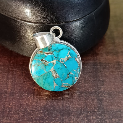 Magnesite Copper Mohave Gemstone Silver Jewelry Pendant, 925 Sterling Silver Pendant, Party Wear Silver Necklace, 27x22x5mm Approx.