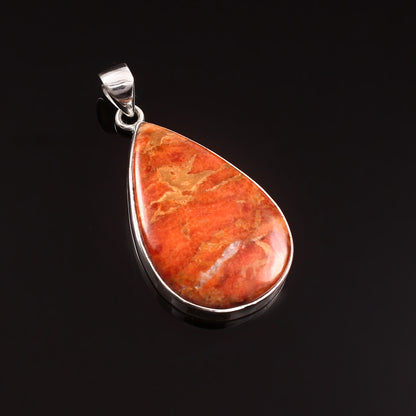 Sponge Coral Gemstone Pendant, 925 Sterling Silver, Orange Mohave Pendant, Pear Shape Shape Pendant, Fashion Jewelry, 37.5Ct Approx.