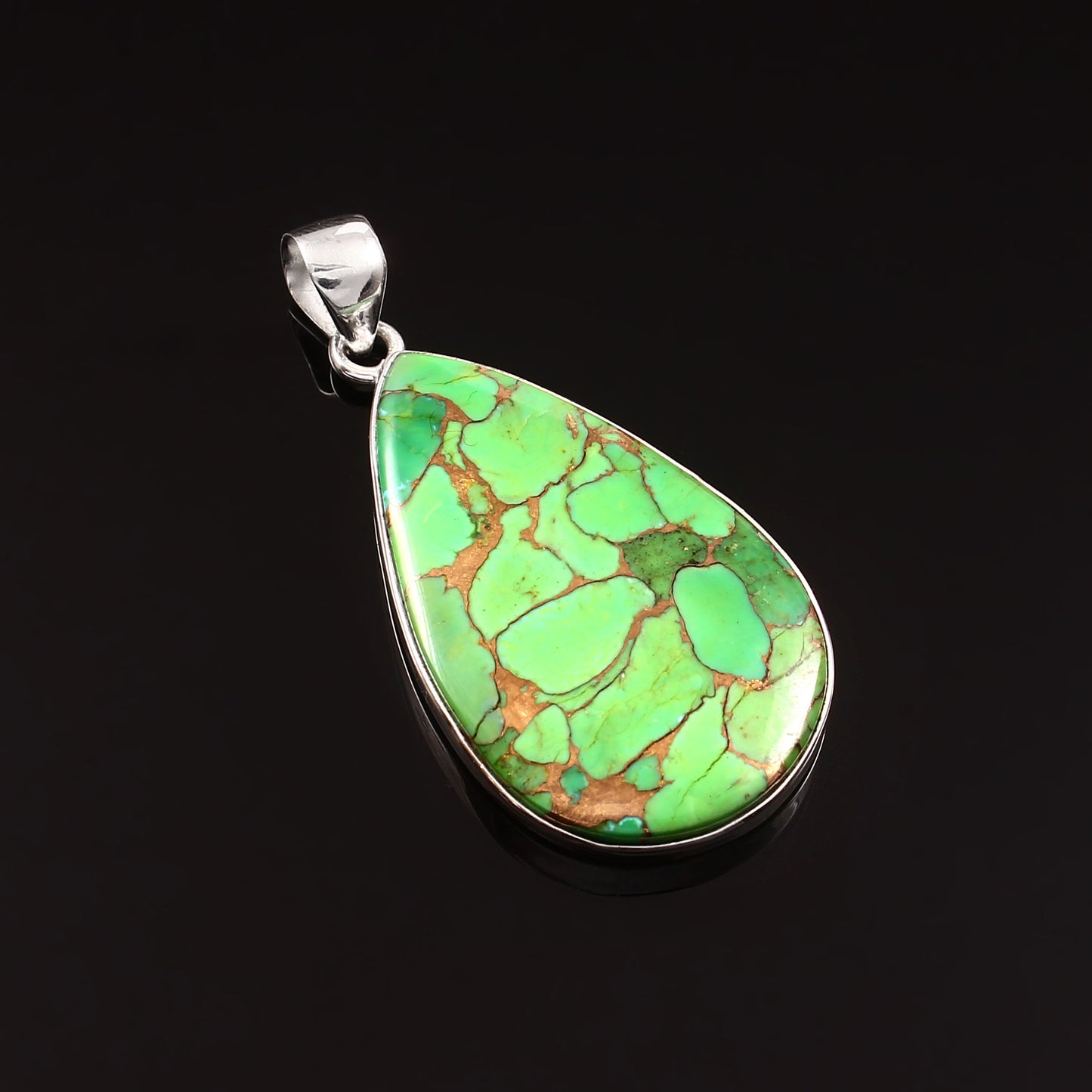 Grüner Kupfer-Türkis-Edelstein-Anhänger, 925 Sterling Silber, Türkis-Anhänger, Birnenförmiger Anhänger, Modeschmuck, ca. 37,5 ct.