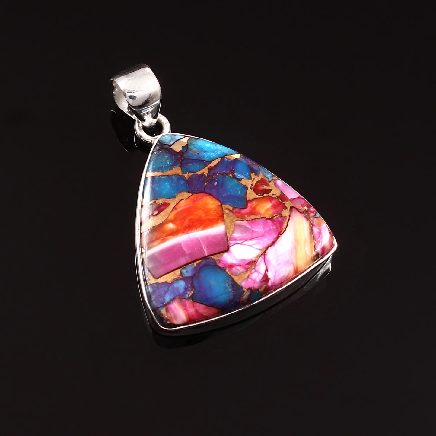 Kingman Pink Dahila Oyster Turquoise Pendant, 925 Sterling Silver, Spiny Oyster Pendant, Trillion Pendant, Fashion Jewelry, 32.5Ct Approx.