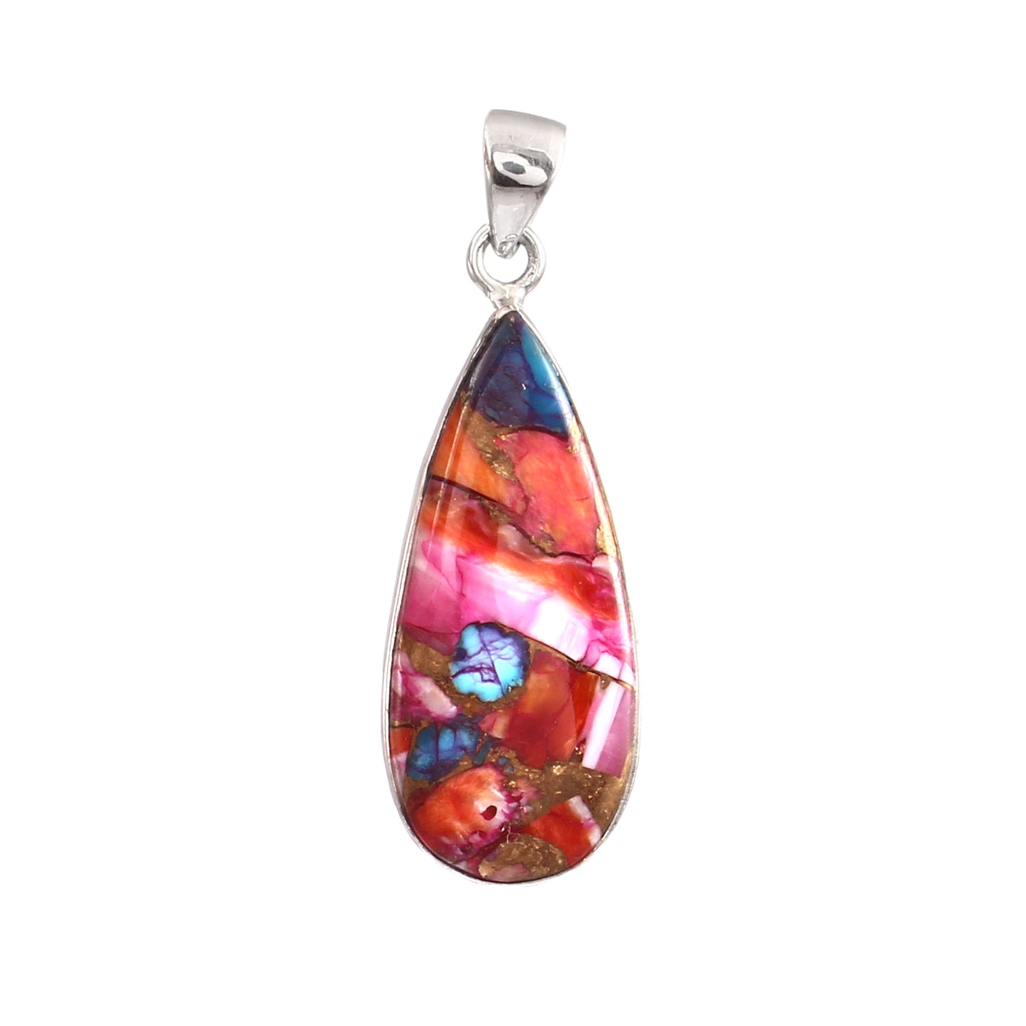 Kingman Pink Dahila Oyster Turquoise Pendant, 925 Sterling Silver, Spiny Oyster Pendant, Pear Shape Pendant, Fashion Jewelry, 27.5Ct Approx.