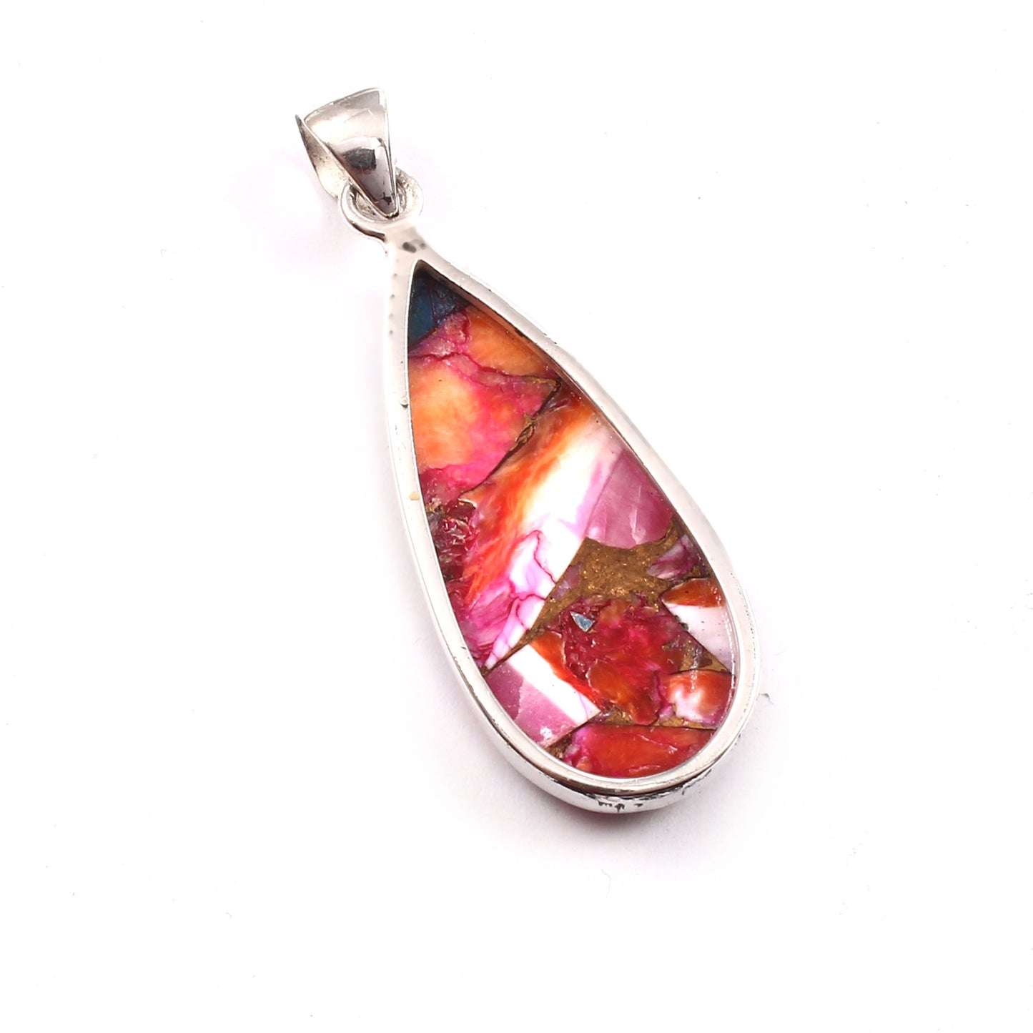 Kingman Pink Dahila Oyster Turquoise Pendant, 925 Sterling Silver, Spiny Oyster Pendant, Pear Shape Pendant, Fashion Jewelry, 27.5Ct Approx.